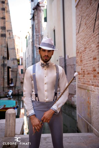 Light blue white suspenders for a glamorous light navy men's suit 100% made  in Italy