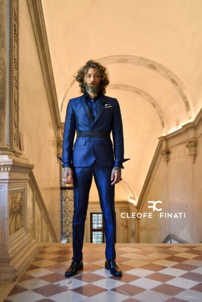 Blue groom suit with one and a half breasted jacket and shawl collar made in Italy 100% by Cleofe Finati