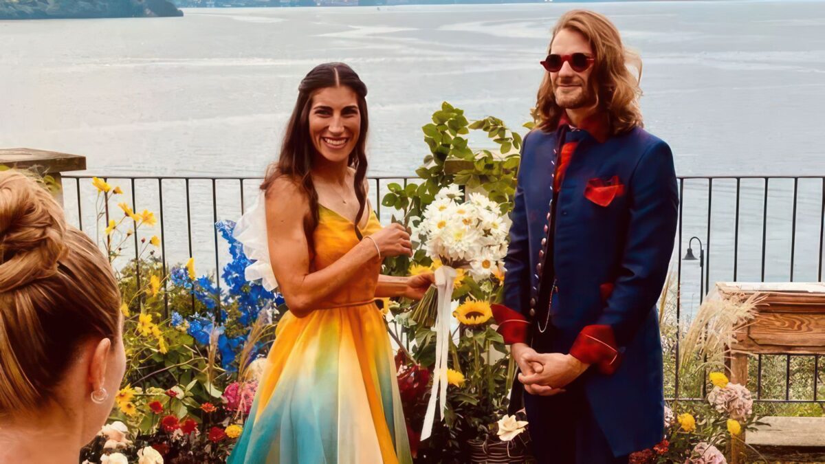 The wedding of Elisa Balsamo and Davide Plebani, groom wearing a suit designed by Cleofe Finati