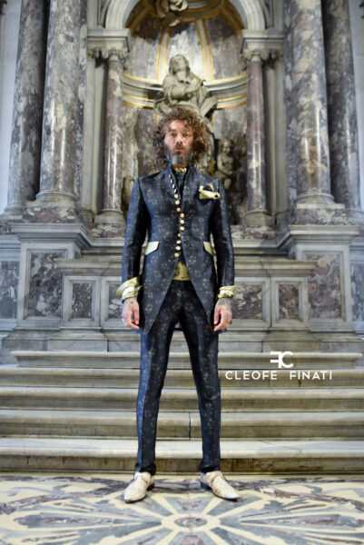 Groom's suit, blue gold and black tailcoat line, Limited Edition, made in Italy 100% by Cleofe Finati